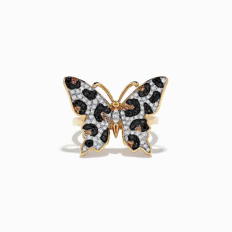 Luxury Jewelry Sale – Sparkle For Less 14K Yellow Gold Black, Brown, and White Diamond Butterfly Ring