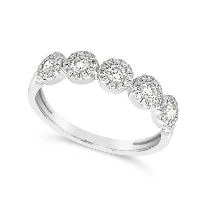 Shop Handcrafted Jewelry At Special Promotional Rates Five Diamond and Diamond Halo Design Ring Shop Handcrafted Jewelry At Special Promotional Rates Five Diamond and Diamond Halo Design Ring