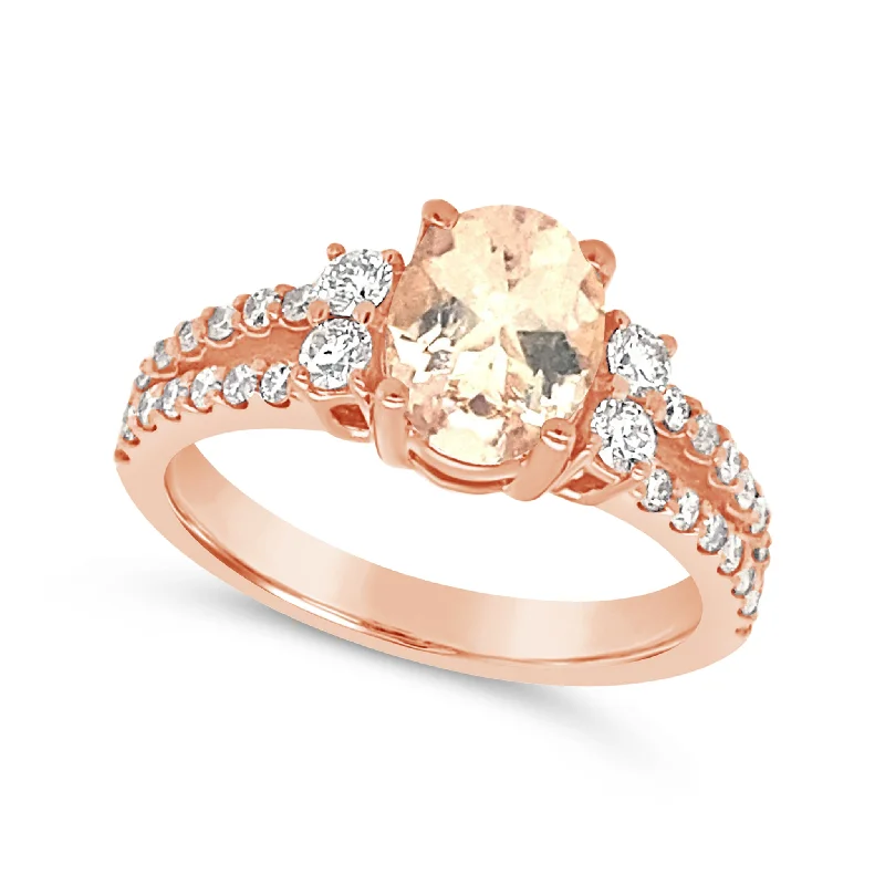 Shop High-Quality Jewelry At Jaw-Dropping Discounts Oval Morganite and Diamond Split Shank Design Ring Shop High-Quality Jewelry At Jaw-Dropping Discounts Oval Morganite and Diamond Split Shank Design Ring