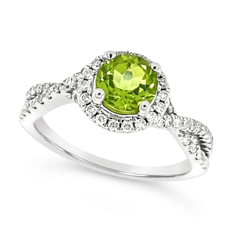 Big Discounts On Elegant Jewelry Collections Peridot and Diamond Halo Crossover Ring Big Discounts On Elegant Jewelry Collections Peridot and Diamond Halo Crossover Ring