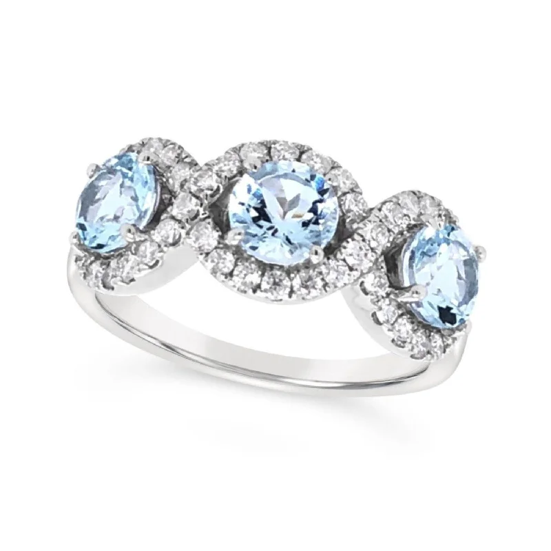 Premium Jewelry Now Available At Special Discounts Three Round Aquamarine and Diamond Halo Ring Premium Jewelry Now Available At Special Discounts Three Round Aquamarine and Diamond Halo Ring