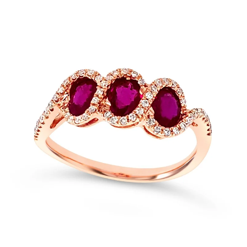 Affordable Glamour – Premium Jewelry At Special Prices Three Stone Oval Ruby and Diamond Halo Ring Affordable Glamour – Premium Jewelry At Special Prices Three Stone Oval Ruby and Diamond Halo Ring