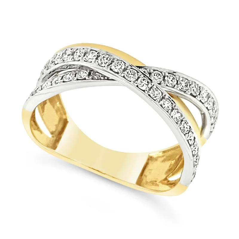 Dazzle In Elegance With Our Biggest Jewelry Sale Two-Tone Gold Three Row Crossover Design Ring Dazzle In Elegance With Our Biggest Jewelry Sale Two-Tone Gold Three Row Crossover Design Ring