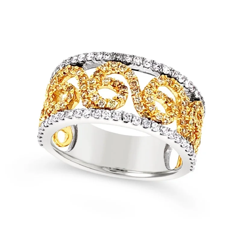 Discounted Jewelry For A Glamorous Look Yellow and White Gold Diamond Swirl Design Band Discounted Jewelry For A Glamorous Look Yellow and White Gold Diamond Swirl Design Band