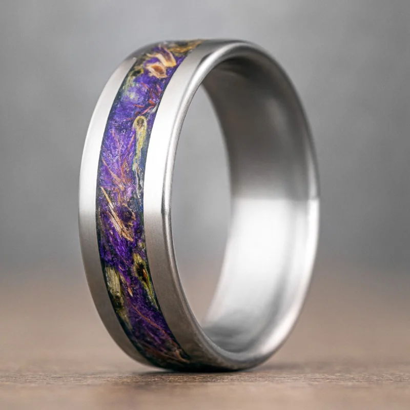 Trendy Minimalist Jewelry For Everyday Wear (In-Stock) Custom Men's Floral Titanium Wedding Band with Mixed Lavender Inlay- Size 12.5 | 8mm Wide Trendy Minimalist Jewelry For Everyday Wear (In-Stock) Custom Men's Floral Titanium Wedding Band with Mixed Lavender Inlay- Size 12.5 | 8mm Wide