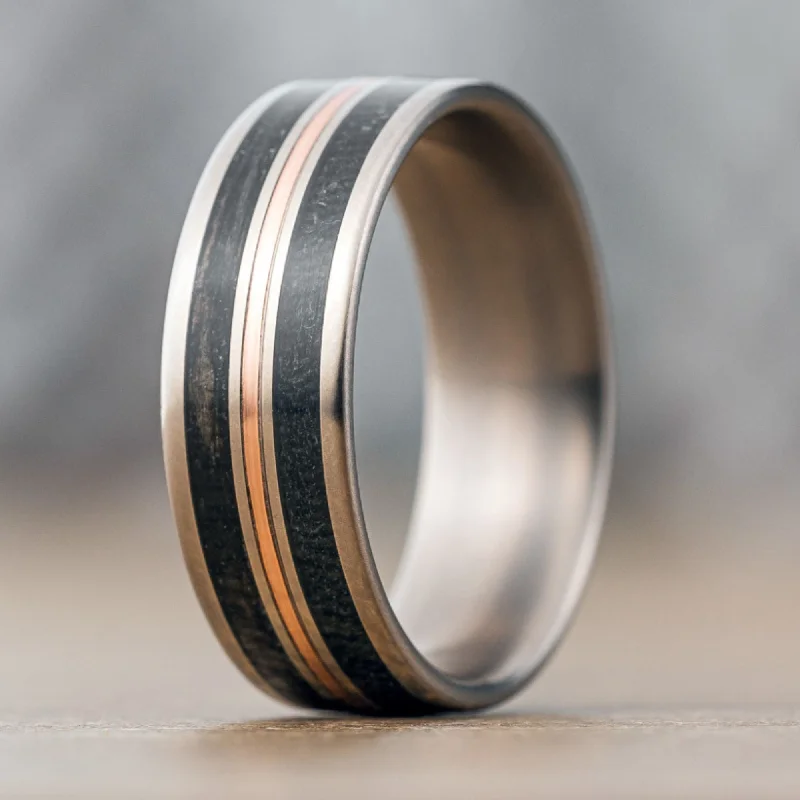 Waterproof Stainless Steel Jewelry For Lasting Beauty (In-Stock) Custom Men's Titanium Ring with Black Whiskey Barrel Wood, Air Force Flight Suit & 14k Rose Gold Inlays - Size 11 | 8mm Wide Waterproof Stainless Steel Jewelry For Lasting Beauty (In-Stock) Custom Men's Titanium Ring with Black Whiskey Barrel Wood, Air Force Flight Suit & 14k Rose Gold Inlays - Size 11 | 8mm Wide