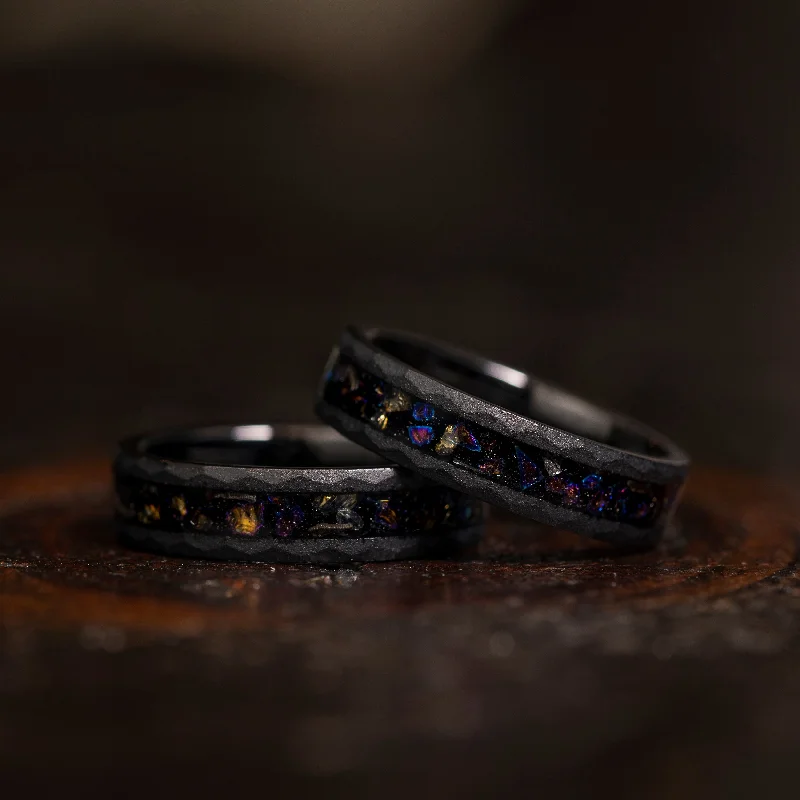 Exclusive Jewelry Sale – Shine For Less "Zeus" Hammered Dark Nebula Ring- Meteorite and Opal- Black 5mm Womens Exclusive Jewelry Sale – Shine For Less "Zeus" Hammered Dark Nebula Ring- Meteorite and Opal- Black 5mm Womens