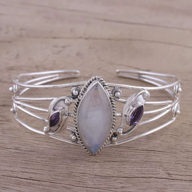 Elegant Jewelry, Affordable Luxury – Shop Now Feminine Glow Rainbow Moonstone and Amethyst Cuff Bracelet from India Elegant Jewelry, Affordable Luxury – Shop Now Feminine Glow Rainbow Moonstone and Amethyst Cuff Bracelet from India