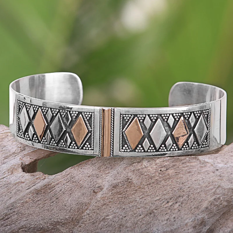 Huge Savings On Premium Jewelry Styles Golden Rhombus Gold Accented Sterling Silver Cuff Bracelet from Indonesia Huge Savings On Premium Jewelry Styles Golden Rhombus Gold Accented Sterling Silver Cuff Bracelet from Indonesia