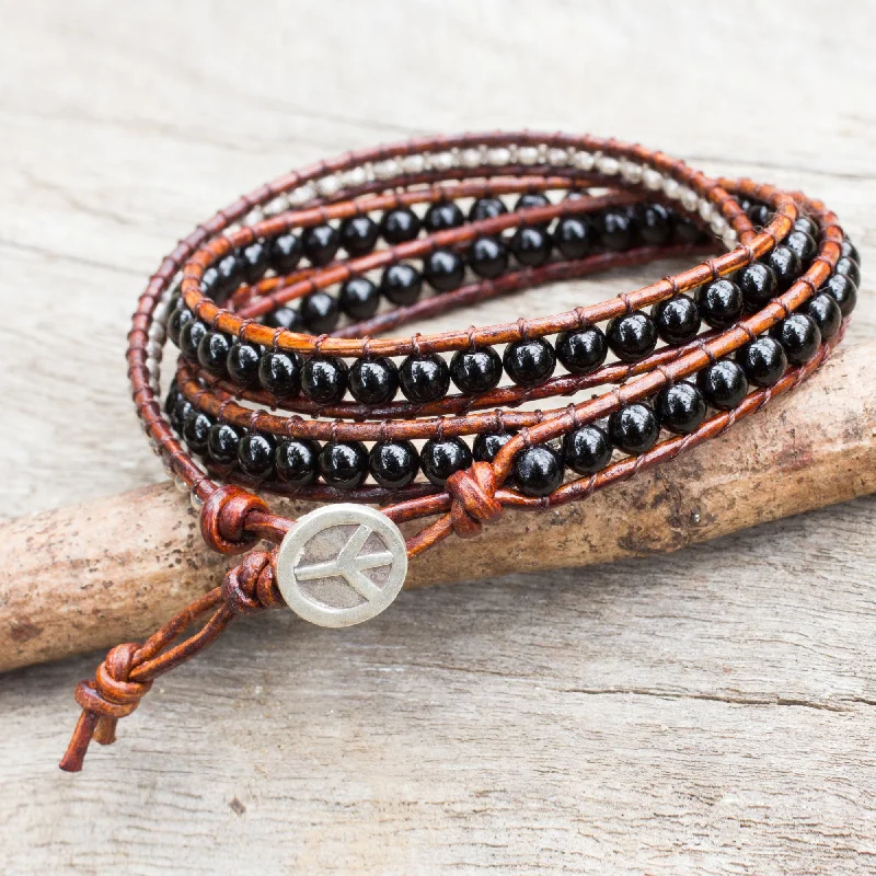 Elevate Your Outfit With Discounted Statement Jewelry Hill Tribe Boheme Onyx Beads on Brown Leather Wrap Bracelet from Thailand Elevate Your Outfit With Discounted Statement Jewelry Hill Tribe Boheme Onyx Beads on Brown Leather Wrap Bracelet from Thailand