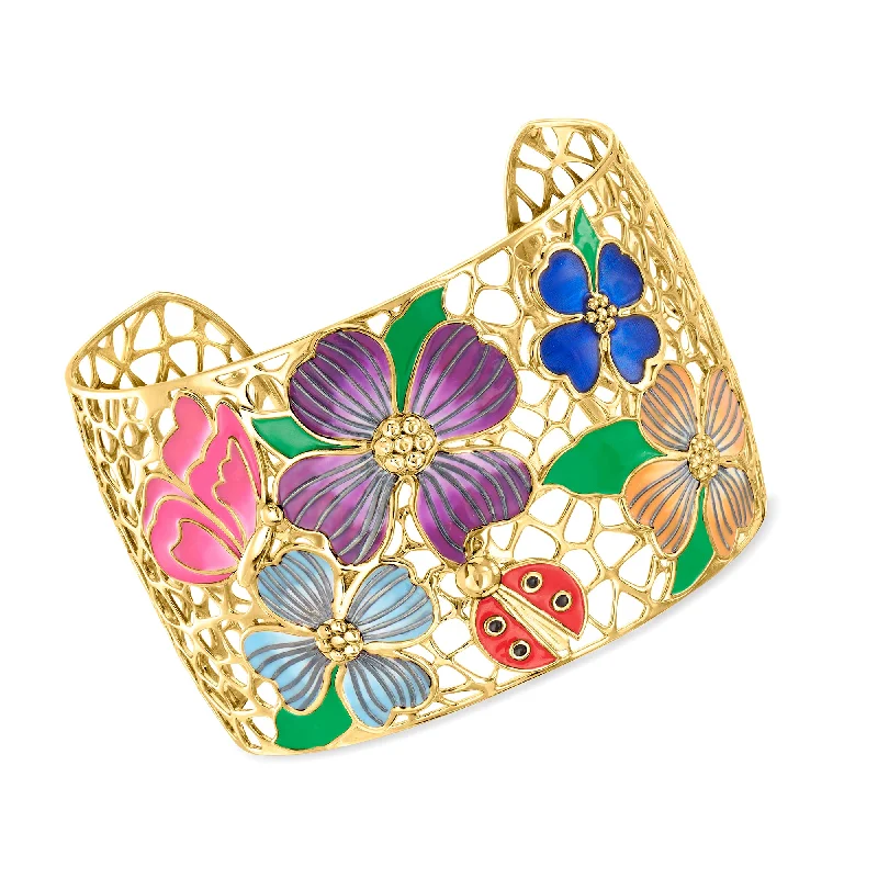 The Perfect Jewelry Piece At The Perfect Price Ross-Simons Multicolored Enamel Floral Filigree Cuff Bracelet in 18kt Gold Over Sterling The Perfect Jewelry Piece At The Perfect Price Ross-Simons Multicolored Enamel Floral Filigree Cuff Bracelet in 18kt Gold Over Sterling