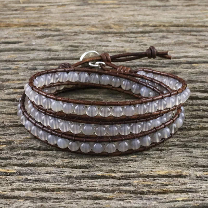 Luxury Jewelry Without The Luxury Price Tag Spring Fog Chalcedony and Leather Beaded Wrap Bracelet from Thailand Luxury Jewelry Without The Luxury Price Tag Spring Fog Chalcedony and Leather Beaded Wrap Bracelet from Thailand