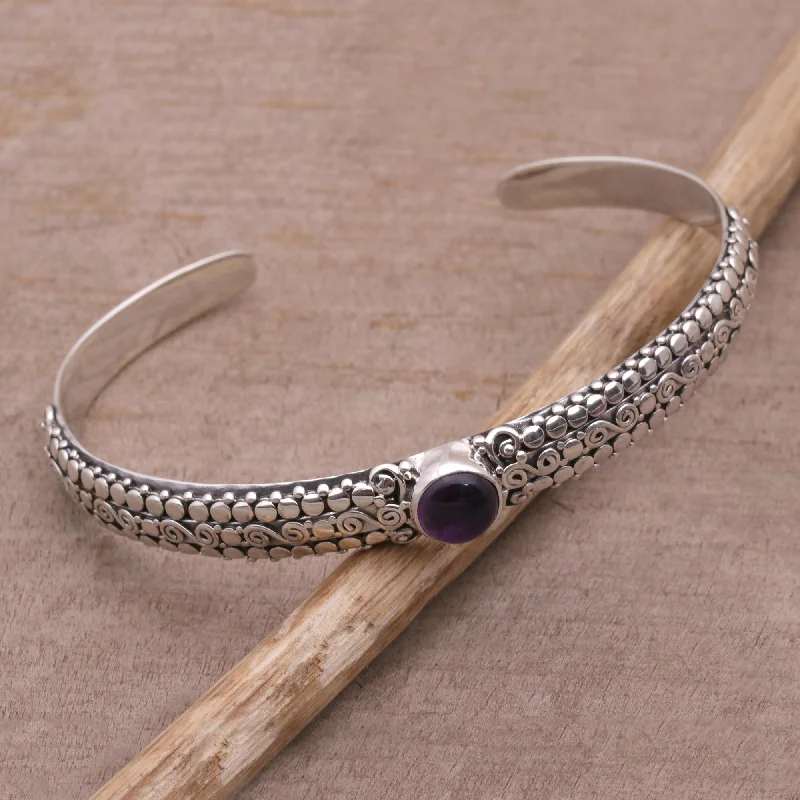 Shop Handcrafted Jewelry At Special Promotional Rates Swirling Altar Amethyst and Sterling Silver Cuff Bracelet from Bali Shop Handcrafted Jewelry At Special Promotional Rates Swirling Altar Amethyst and Sterling Silver Cuff Bracelet from Bali