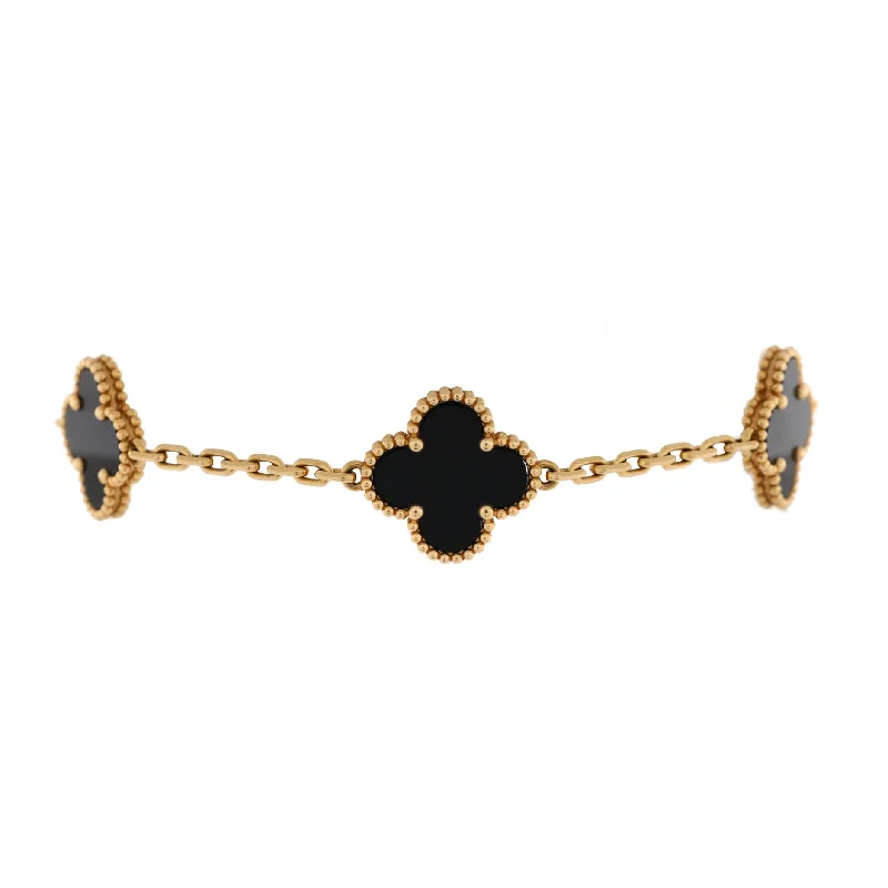 Special Offers On Handcrafted And Designer Jewelry Vintage Alhambra 5 Motifs Bracelet 18K Yellow Gold and Onyx Special Offers On Handcrafted And Designer Jewelry Vintage Alhambra 5 Motifs Bracelet 18K Yellow Gold and Onyx
