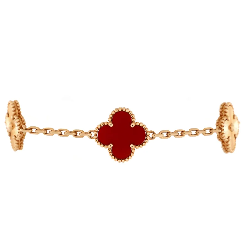 Customized Silver Jewelry For Unique Style Vintage Alhambra 5 Motifs Bracelet Guilloche 18K Rose Gold and Carnelian Customized Silver Jewelry For Unique Style Vintage Alhambra 5 Motifs Bracelet Guilloche 18K Rose Gold and Carnelian