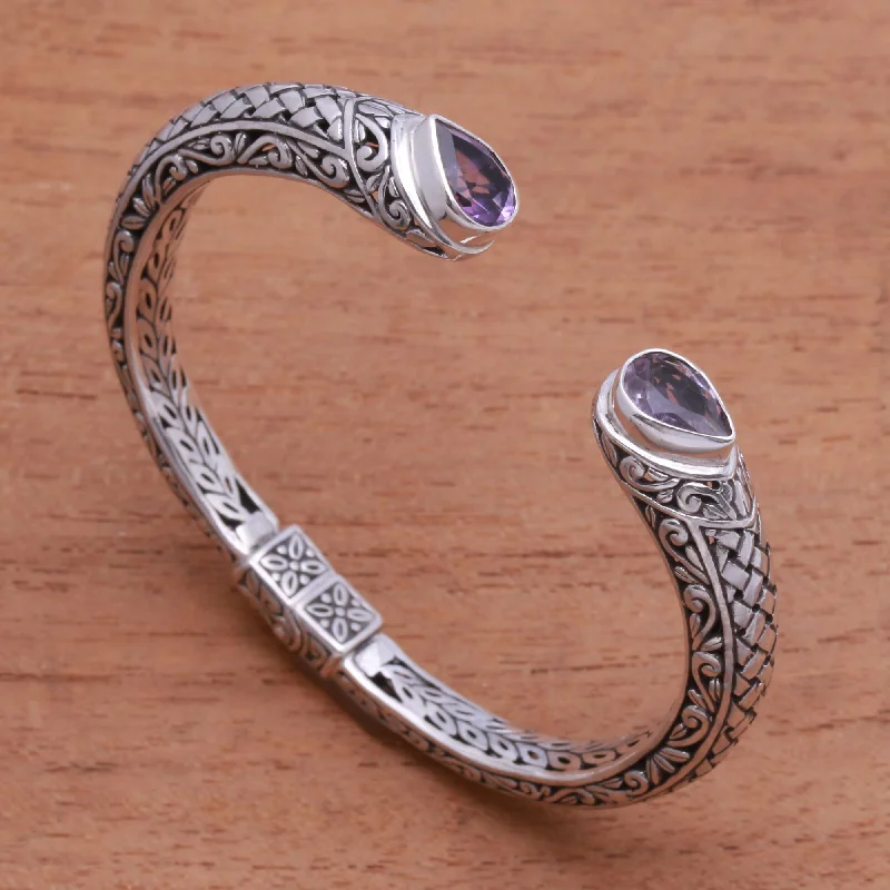 Elegant Jewelry, Affordable Luxury – Shop Now Woven Drops Weave Pattern Amethyst Cuff Bracelet from Bali Elegant Jewelry, Affordable Luxury – Shop Now Woven Drops Weave Pattern Amethyst Cuff Bracelet from Bali