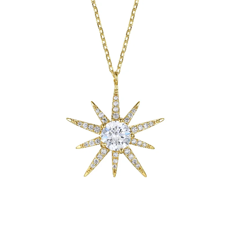 Celebrate Every Occasion With Sparkling Savings Sterling Sivler 14k Gold Plated With Diamond Cubic Zirconia 10-point Starburst Pendant Necklace Celebrate Every Occasion With Sparkling Savings Sterling Sivler 14k Gold Plated With Diamond Cubic Zirconia 10-point Starburst Pendant Necklace