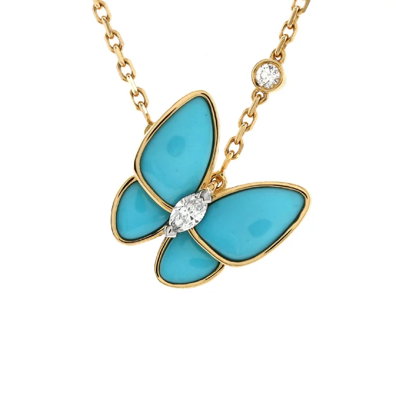 Make Every Moment Shine – Jewelry Discounts Available Two Butterfly Pendant Necklace 18K Yellow Gold with Turquoise and Diamonds Make Every Moment Shine – Jewelry Discounts Available Two Butterfly Pendant Necklace 18K Yellow Gold with Turquoise and Diamonds