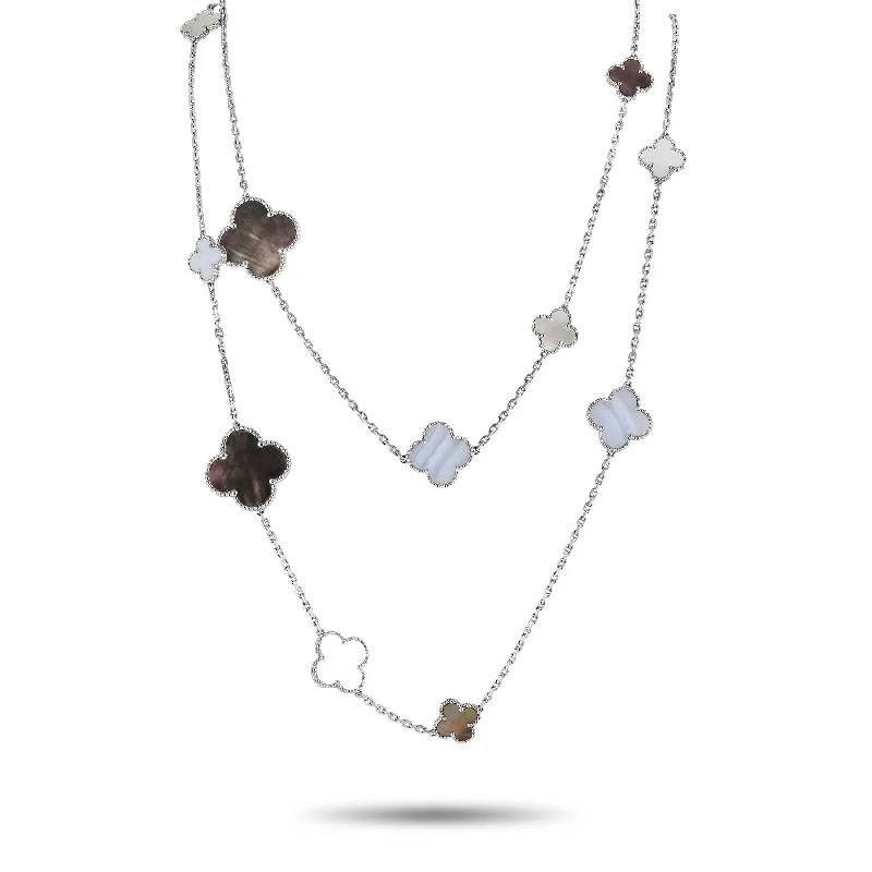 Clearance Sale On High-End Jewelry Collections Van Cleef & Arpels Alhambra 18K White Gold Chalcedony and Mother of Pearl 16-Motif Long Necklace VC21-111224 Clearance Sale On High-End Jewelry Collections Van Cleef & Arpels Alhambra 18K White Gold Chalcedony and Mother of Pearl 16-Motif Long Necklace VC21-111224
