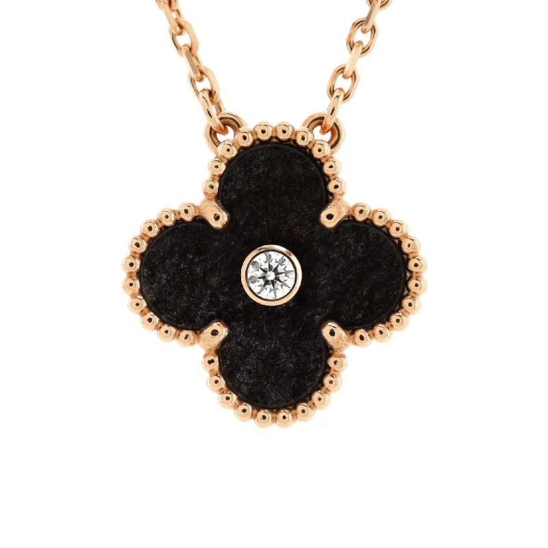 Timeless Jewelry At Special Discount Rates Vintage Alhambra Pendant Necklace 18K Rose Gold and Silver Obsidian with Diamond Timeless Jewelry At Special Discount Rates Vintage Alhambra Pendant Necklace 18K Rose Gold and Silver Obsidian with Diamond