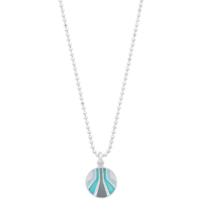 Waterproof Stainless Steel Jewelry For Lasting Beauty Women's Enameled Small Round "burst" Pendant Necklace In Sterling/blues Waterproof Stainless Steel Jewelry For Lasting Beauty Women's Enameled Small Round "burst" Pendant Necklace In Sterling/blues