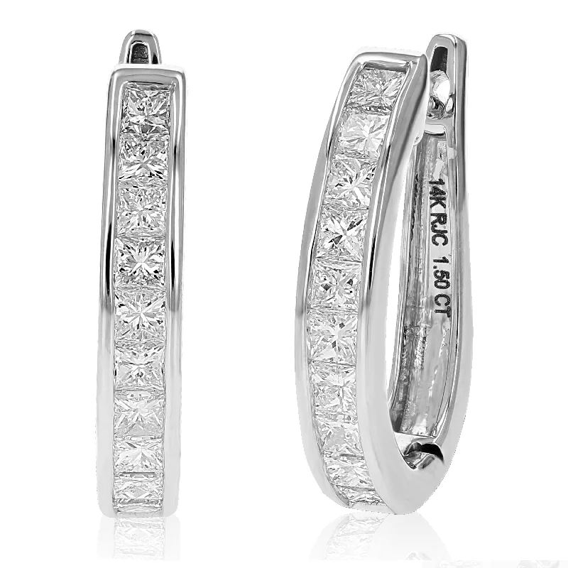 Shop Handcrafted Jewelry At Special Promotional Rates 1.50 cttw Princess Diamond Hoop Earrings 14K White Gold Channel Set 3/4 Inch Shop Handcrafted Jewelry At Special Promotional Rates 1.50 cttw Princess Diamond Hoop Earrings 14K White Gold Channel Set 3/4 Inch