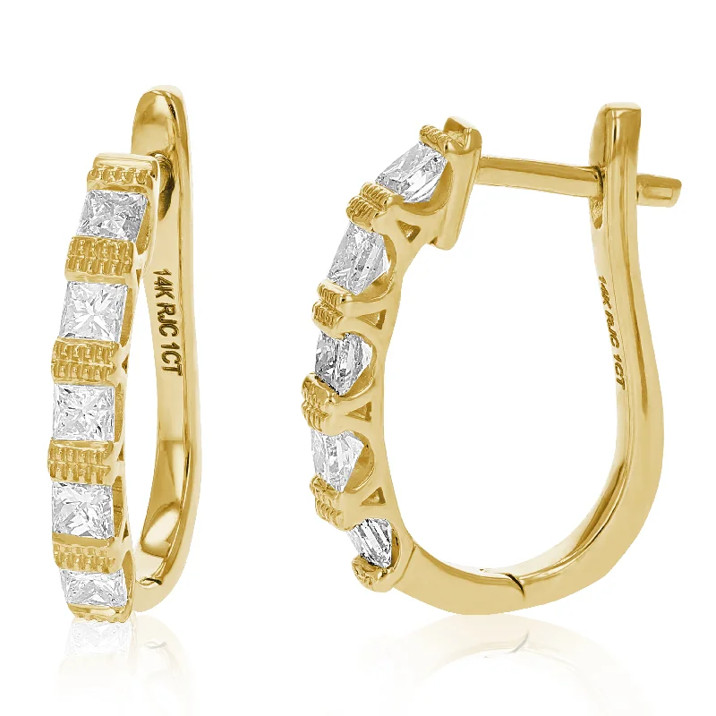 Trending Jewelry Now At Unbeatable Prices 1 cttw Princess Diamond Hoop Earrings 14K Yellow Gold Milgrain Prong Set 3/4 Inch Trending Jewelry Now At Unbeatable Prices 1 cttw Princess Diamond Hoop Earrings 14K Yellow Gold Milgrain Prong Set 3/4 Inch