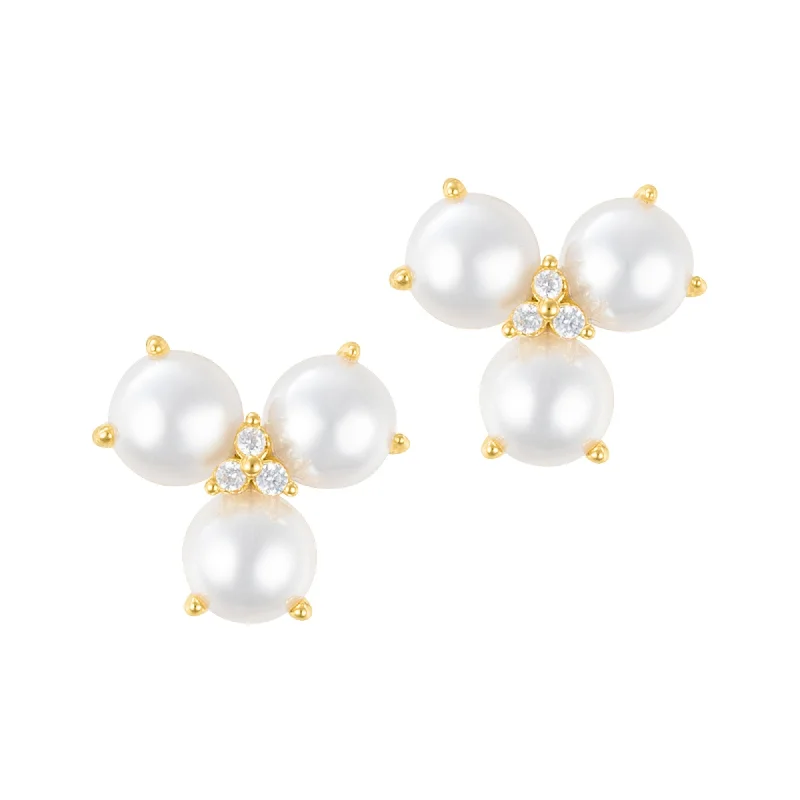 Affordable Luxury Jewelry For Every Occasion 14k Gold Plated 3-Point Freshwater Pearl Flower with CZ Earrings Affordable Luxury Jewelry For Every Occasion 14k Gold Plated 3-Point Freshwater Pearl Flower with CZ Earrings