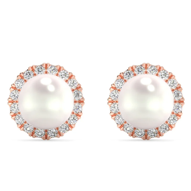 Elegant Designs, Unbeatable Discounts – Shop Jewelry Now 6mm Pearl & Diamond Halo Studs Women's 14k Gold Earrings Lab Grown