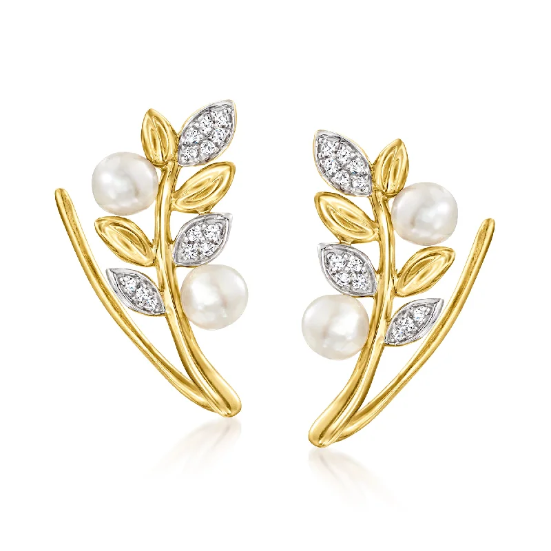 Your Perfect Accessory Now At The Best Price Ross-Simons 3.5-4mm Cultured Pearl Leaf Ear Climbers With Diamond Accents in 14kt Yellow Gold Your Perfect Accessory Now At The Best Price Ross-Simons 3.5-4mm Cultured Pearl Leaf Ear Climbers With Diamond Accents in 14kt Yellow Gold