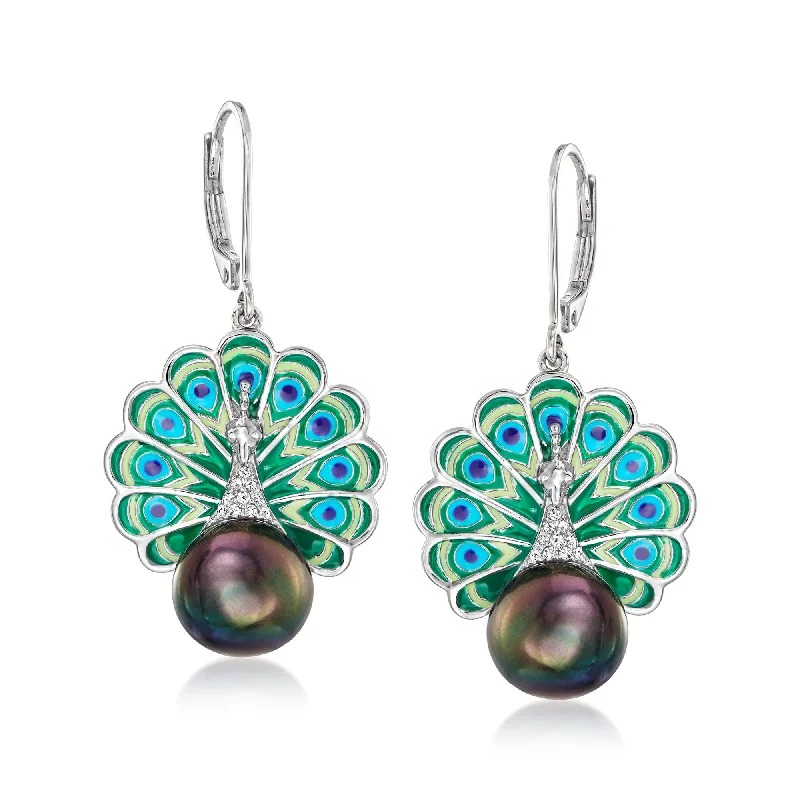 Affordable Luxury Jewelry For Every Occasion Ross-Simons 8.5-9mm Black Cultured Pearl Peacock Drop Earrings With Multicolored Enamel and Diamond Accents in Sterling Silver Affordable Luxury Jewelry For Every Occasion Ross-Simons 8.5-9mm Black Cultured Pearl Peacock Drop Earrings With Multicolored Enamel and Diamond Accents in Sterling Silver