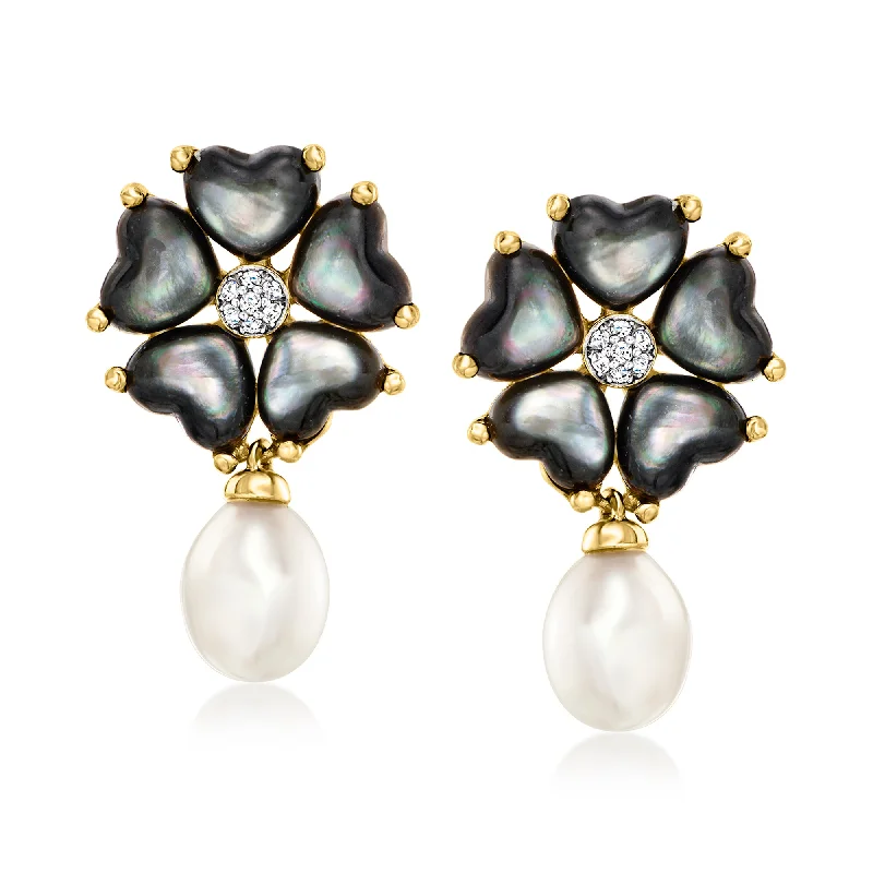 Fashion-Forward Jewelry At Incredible Prices Ross-Simons Black Mother-Of-Pearl and 6-6.5mm Cultured Pearl Flower Drop Earrings With Diamond Accents in 18kt Yellow Gold Over Sterling Fashion-Forward Jewelry At Incredible Prices Ross-Simons Black Mother-Of-Pearl and 6-6.5mm Cultured Pearl Flower Drop Earrings With Diamond Accents in 18kt Yellow Gold Over Sterling