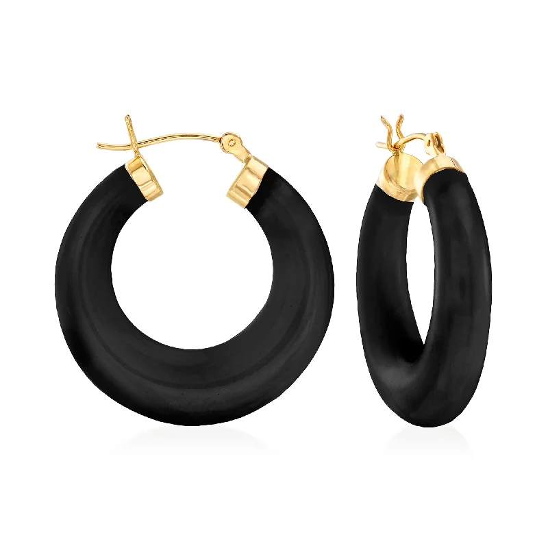 Shop Elegant Jewelry At Unbeatable Prices Ross-Simons Black Onyx Hoop Earrings in 14kt Yellow Gold Shop Elegant Jewelry At Unbeatable Prices Ross-Simons Black Onyx Hoop Earrings in 14kt Yellow Gold