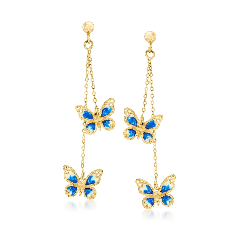 Fashion-Forward Jewelry At Exclusive Discounts Ross-Simons Italian Blue and White Enamel Butterfly Drop Earrings in 14kt Yellow Gold Fashion-Forward Jewelry At Exclusive Discounts Ross-Simons Italian Blue and White Enamel Butterfly Drop Earrings in 14kt Yellow Gold