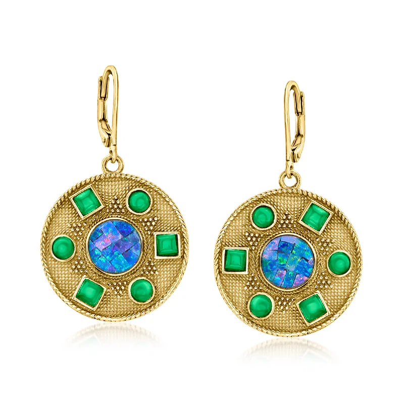 Dainty Floral Jewelry For Feminine Elegance Ross-Simons Mosaic Black Opal Triplet Drop Earrings With Green Agate in 18kt Gold Over Sterling Dainty Floral Jewelry For Feminine Elegance Ross-Simons Mosaic Black Opal Triplet Drop Earrings With Green Agate in 18kt Gold Over Sterling
