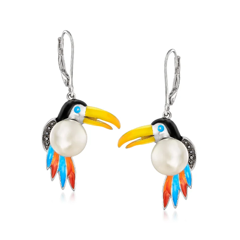 Last Chance To Shop High-End Jewelry At Markdown Prices Ross-Simons Multicolored Enamel and 8.5-9mm Cultured Pearl Toucan Drop Earrings With Black Diamond Accents in Sterling Silver