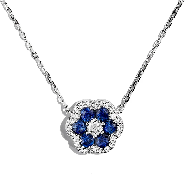 Shop Fine Jewelry With Amazing Deals Bremer Jewelry 18K White Gold Round Sapphire and Diamond Cluster Necklace (1.93ctw) Shop Fine Jewelry With Amazing Deals Bremer Jewelry 18K White Gold Round Sapphire and Diamond Cluster Necklace (1.93ctw)