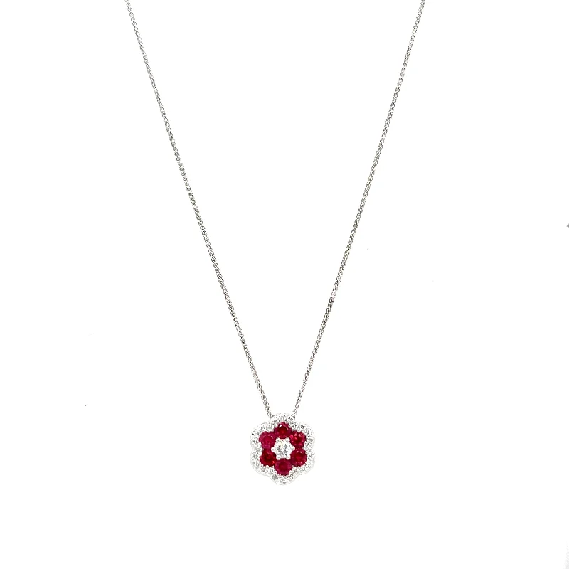 Big Discounts On Elegant Jewelry Collections Bremer Jewelry 18K White Gold Round Shape Rubies and Diamonds Cluster Pendant (.78ctw) Big Discounts On Elegant Jewelry Collections Bremer Jewelry 18K White Gold Round Shape Rubies and Diamonds Cluster Pendant (.78ctw)