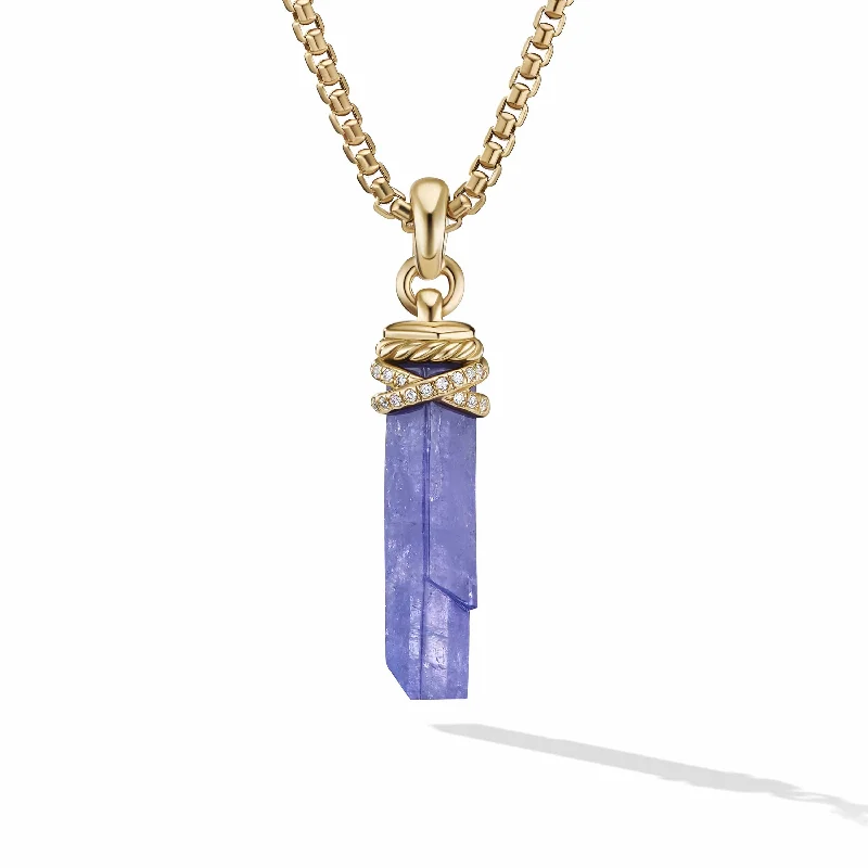 Discounted Luxury Jewelry – Shine Without The Splurge Wrapped Tanzanite Crystal Amulet with 18K Yellow Gold and Pave Diamonds Discounted Luxury Jewelry – Shine Without The Splurge Wrapped Tanzanite Crystal Amulet with 18K Yellow Gold and Pave Diamonds