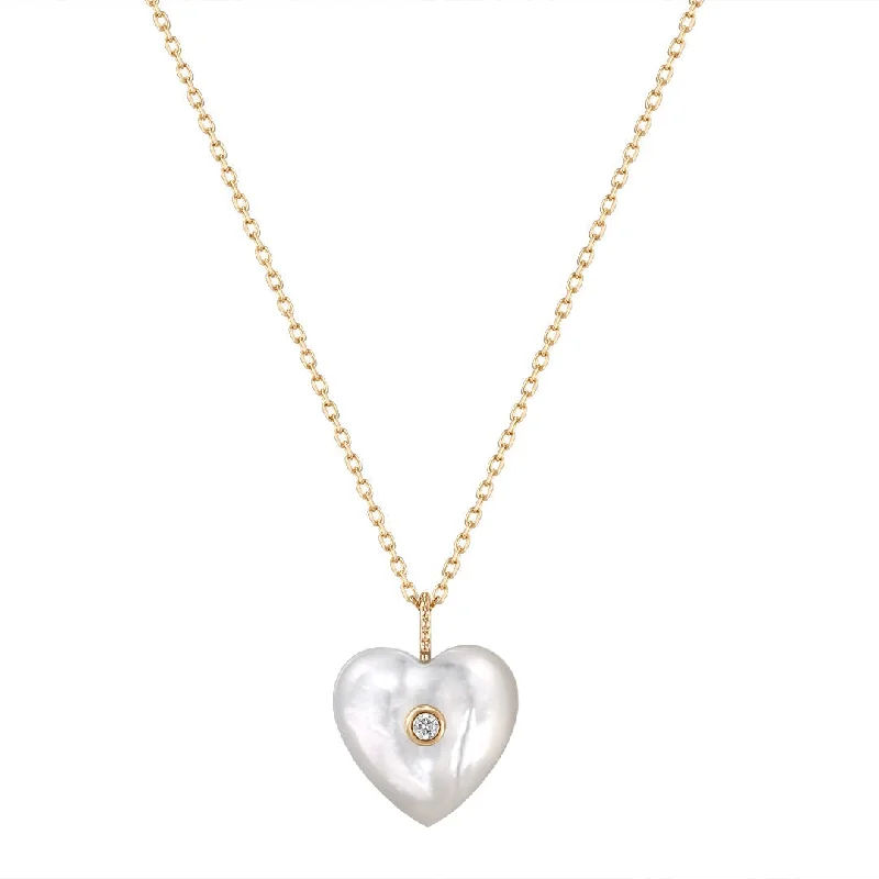 Elevate Your Outfit With Discounted Statement Jewelry Mother of Pearl & Diamond Heart 14K Yellow Gold Necklace Elevate Your Outfit With Discounted Statement Jewelry Mother of Pearl & Diamond Heart 14K Yellow Gold Necklace