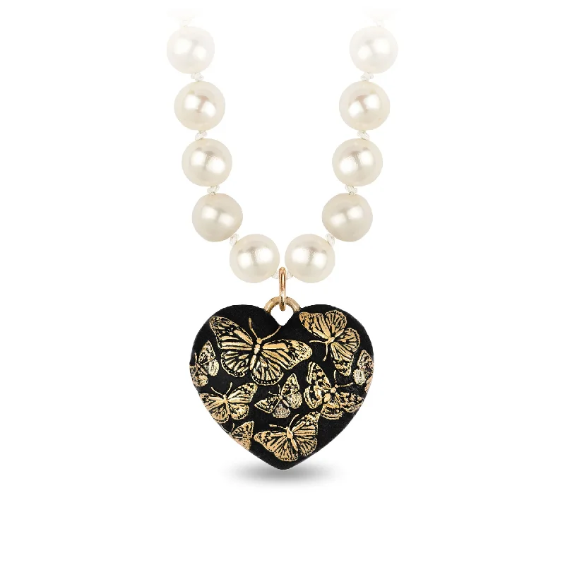 Discounted Jewelry For A Glamorous Look Butterfly 14K Gold Large Puffed Heart Talisman On Knotted Freshwater Pearl Necklace Discounted Jewelry For A Glamorous Look Butterfly 14K Gold Large Puffed Heart Talisman On Knotted Freshwater Pearl Necklace