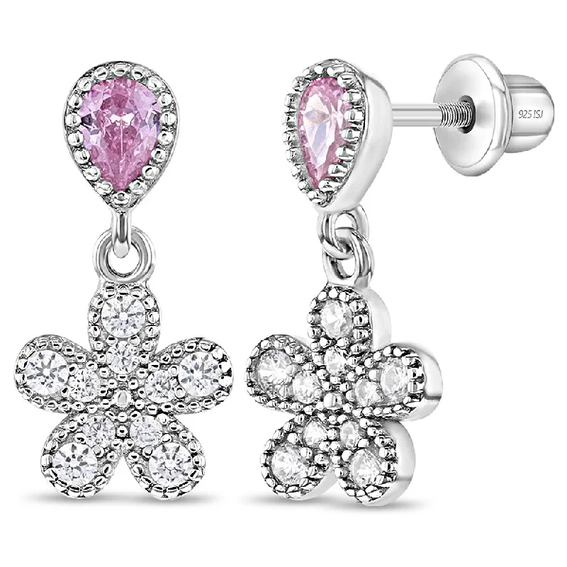 Exclusive Gemstone Jewelry At Special Prices Groovy CZ Flower Dangle Kids / Children's / Girls Earrings Screw Back - Sterling Silver Exclusive Gemstone Jewelry At Special Prices Groovy CZ Flower Dangle Kids / Children's / Girls Earrings Screw Back - Sterling Silver