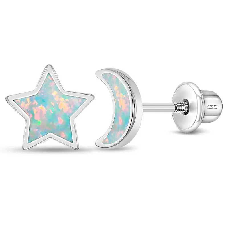 Special Deals On Handcrafted And Designer Jewelry Opal Moon and Star Kids / Children's / Girls Earrings Screw Back - Sterling Silver Special Deals On Handcrafted And Designer Jewelry Opal Moon and Star Kids / Children's / Girls Earrings Screw Back - Sterling Silver