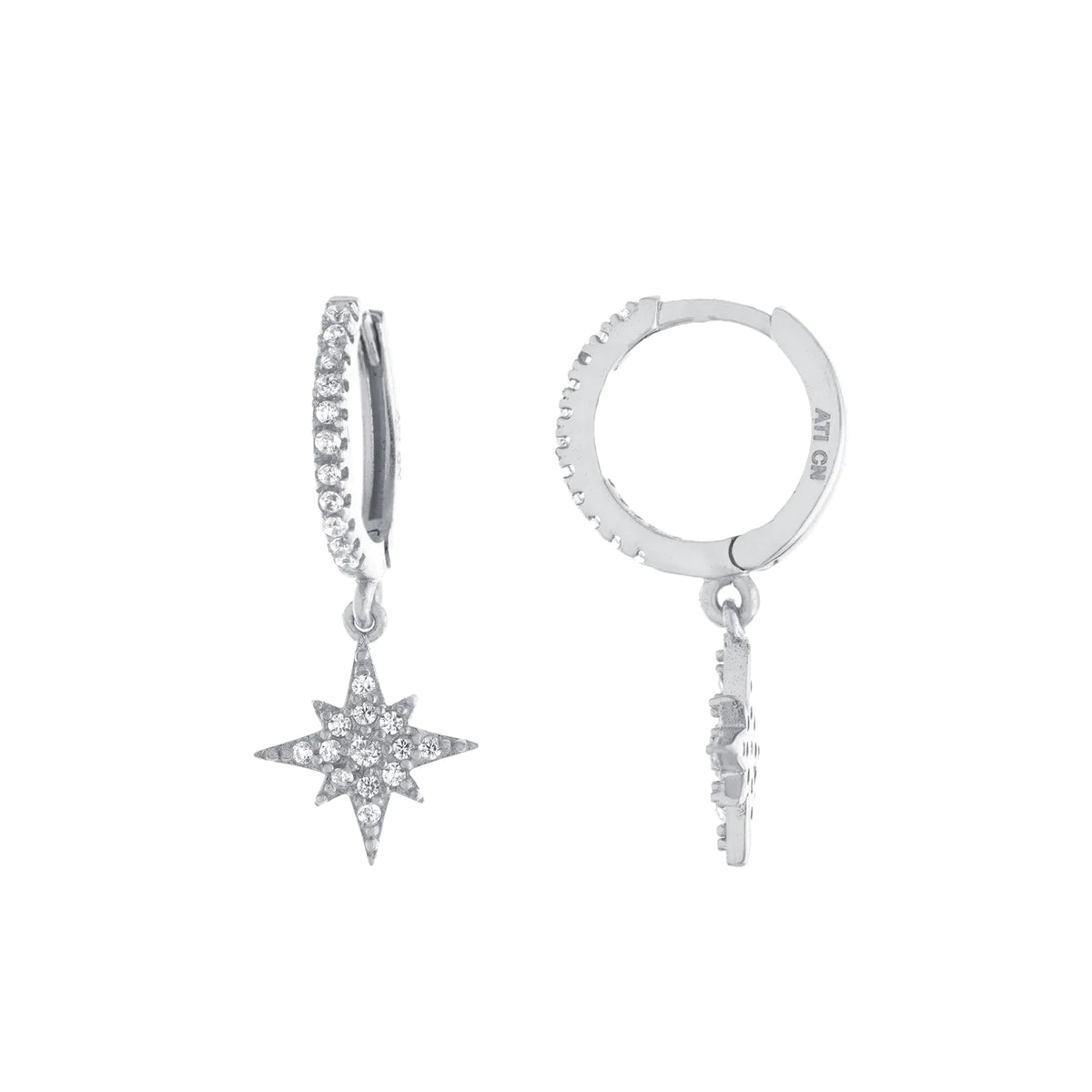 Modern Statement Jewelry For Bold Styling SS 11mm Dangle Star CZ Hoop Earrings