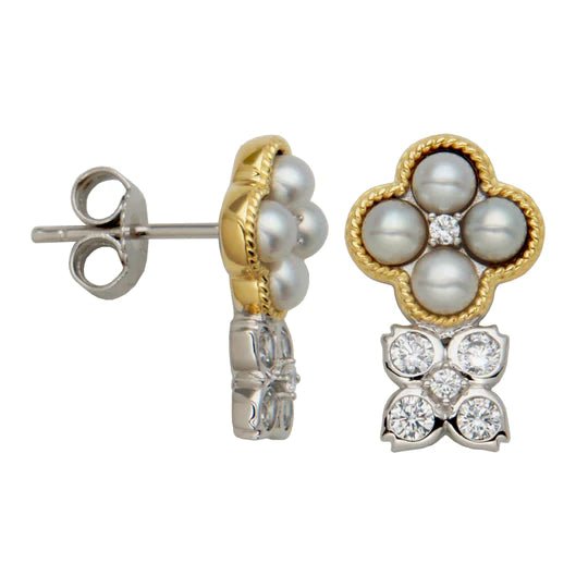 Trending Jewelry Now Available At Exclusive Prices SS Two-Tone CZ and Pearl Earrings Trending Jewelry Now Available At Exclusive Prices SS Two-Tone CZ and Pearl Earrings