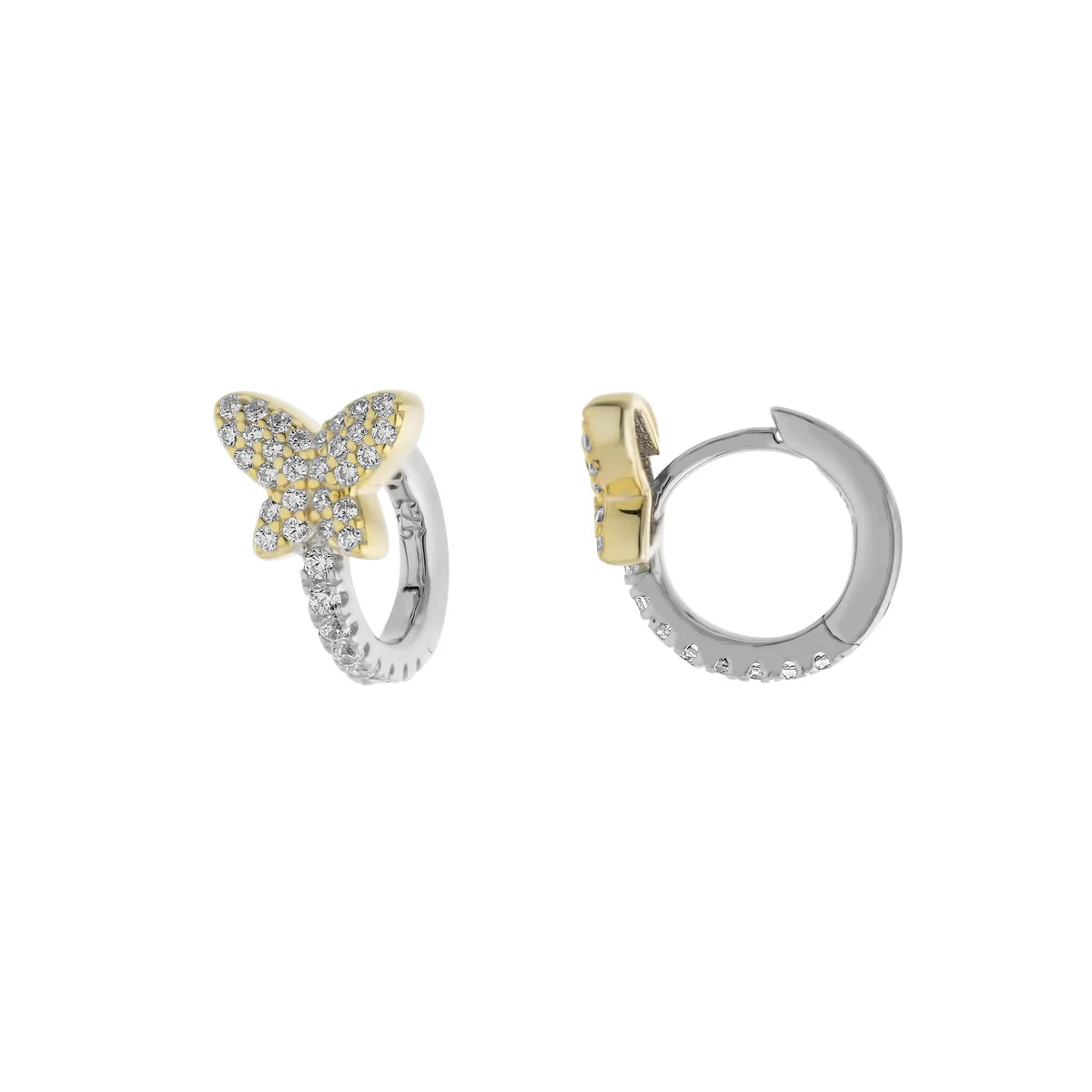 Customized Silver Jewelry For Unique Style SS Two-Tone CZ Butterfly Huggie Earrings