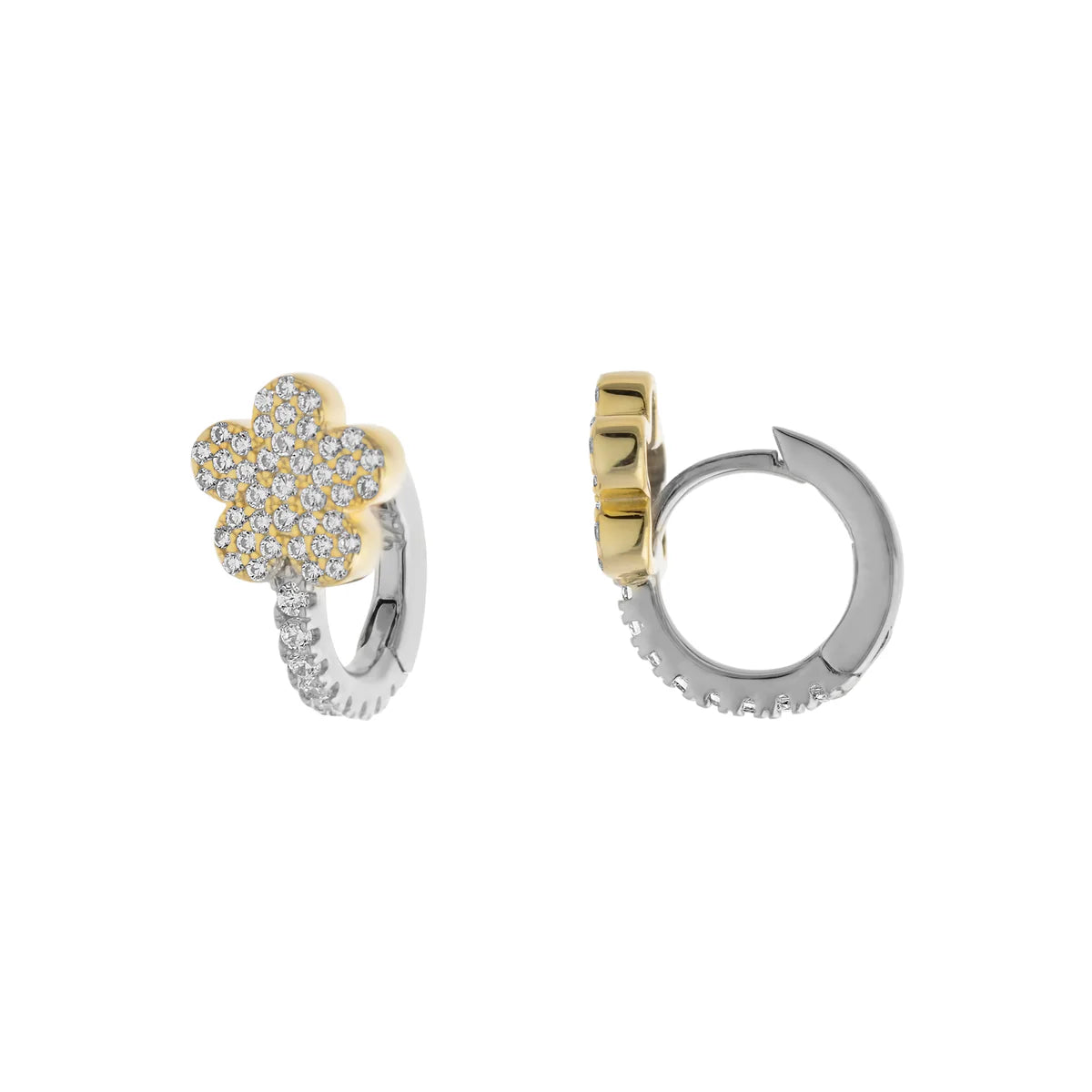 Handmade Pearl Jewelry For Timeless Elegance SS Two-Tone CZ Flower Huggie Earrings