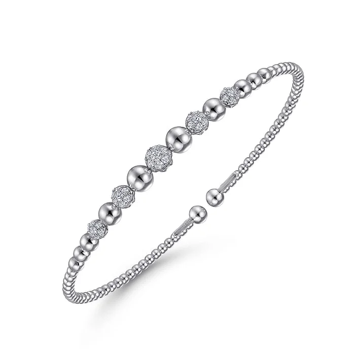 Trending Jewelry Now Available At Exclusive Prices 14K White Gold Bujukan Bead Cuff Bracelet with Pave Diamond Stations Trending Jewelry Now Available At Exclusive Prices 14K White Gold Bujukan Bead Cuff Bracelet with Pave Diamond Stations