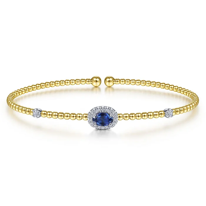 Limited-Time Offer On Premium Jewelry Collections 14K White-Yellow Gold Bujukan Bead Cuff Bracelet with Sapphire and Diamond Halo Station Limited-Time Offer On Premium Jewelry Collections 14K White-Yellow Gold Bujukan Bead Cuff Bracelet with Sapphire and Diamond Halo Station