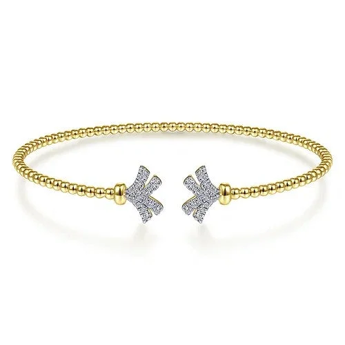 Eco-Friendly Sustainable Jewelry For Conscious Buyers 14K Yellow Gold Bujukan Split Cuff Bracelet with Diamond Pave Fan Caps Eco-Friendly Sustainable Jewelry For Conscious Buyers 14K Yellow Gold Bujukan Split Cuff Bracelet with Diamond Pave Fan Caps